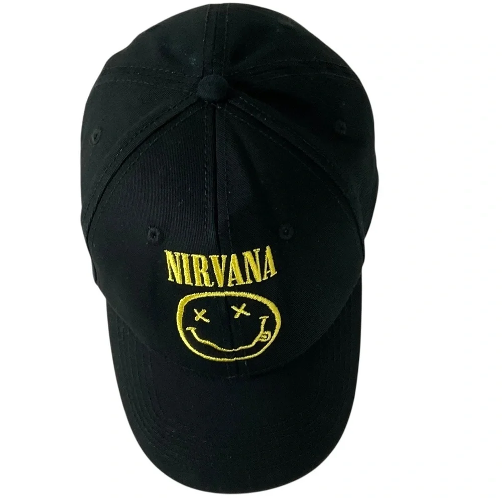Nirvana Black Baseball Hat Embroidered Yellow Smile Face Logo Adjustable Cap